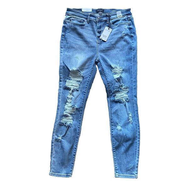 JUDY BLUE Jeans SIZE 15 / 32 High Waist SKINNY FIT Destroyed Raw Hem Stretch NWT - Picture 1 of 7